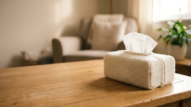 White tissue box with knitted cover on a wooden table