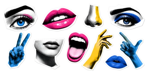 Fotobehang Pop Art Trendy Contemporary Art Collage Sticker Set with Female Face Elements, Pop Art Eyes, Pink Lips and Hand Gestures, Retro Zine Style Graphics Collection Isolated on Transparent Background  © Abdur