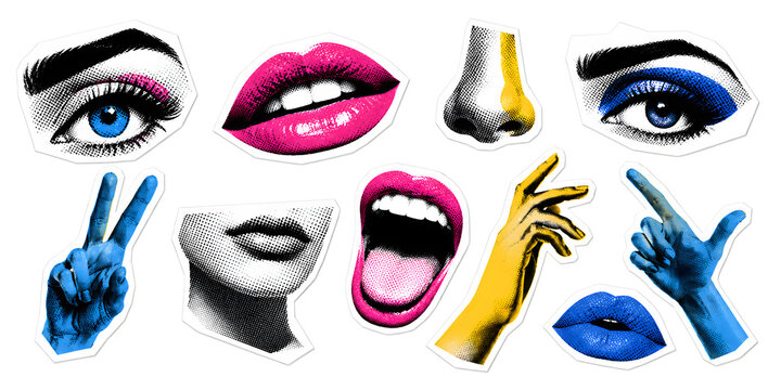 Trendy Contemporary Art Collage Sticker Set with Female Face Elements, Pop Art Eyes, Pink Lips and Hand Gestures, Retro Zine Style Graphics Collection Isolated on Transparent Background