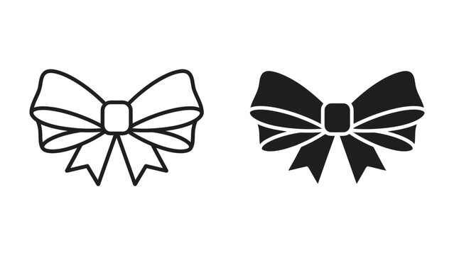 Elegant Bow Design: A classic bow illustration, presented in both outline and silhouette, showcasing a symbol of elegance and decoration, perfect for design elements.