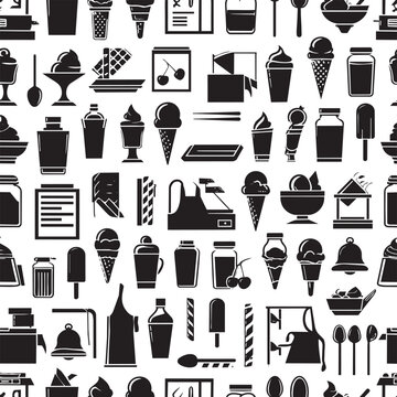 Seamless pattern with various ice cream sundae icons and cafe elements on white backdrop