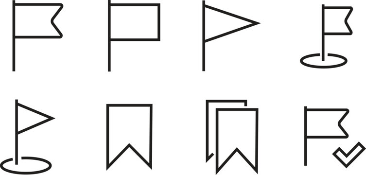 Minimalist flag icon set, 8 black line vector symbols for map markers and navigation, simple outline flag icons for web interface and app design