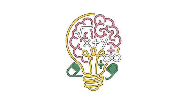 Creative brain lightbulb icon with math symbols.