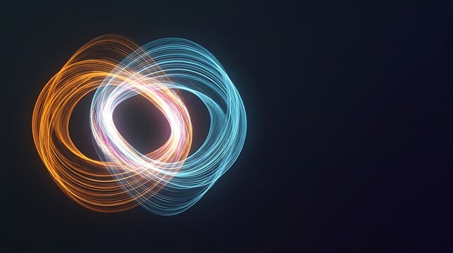 Abstract blue and orange glowing light circles interlocking on black