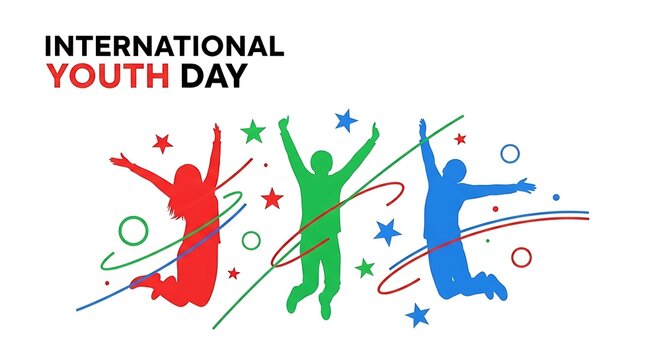 International Youth Day background with silhouette of young people jumping and celebrating with colorful stars and ribbons on white background, vector illustration