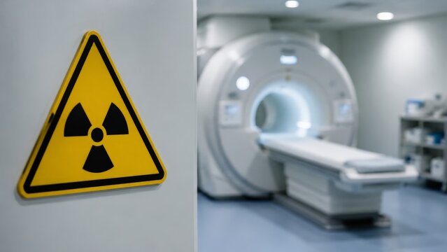 Yellow triangular radiation warning sign with the black trefoil symbol mounted on a wall next to a blurred medical imaging scanner in a clinical room, underscoring the radiation sign