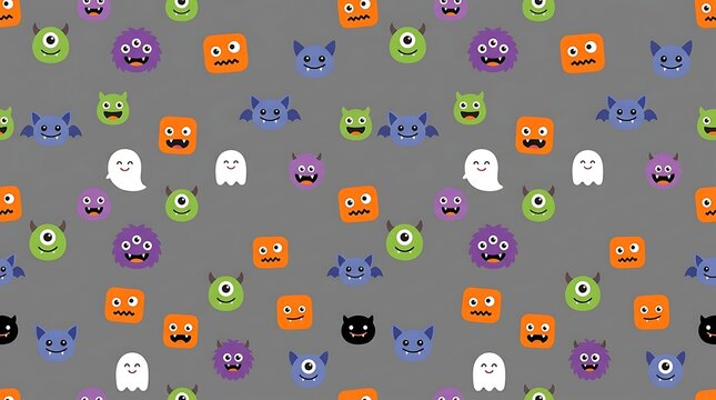 Colorful cartoon monsters and ghosts seamless pattern on gray