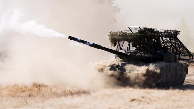 Tank firing in a dusty steppe.