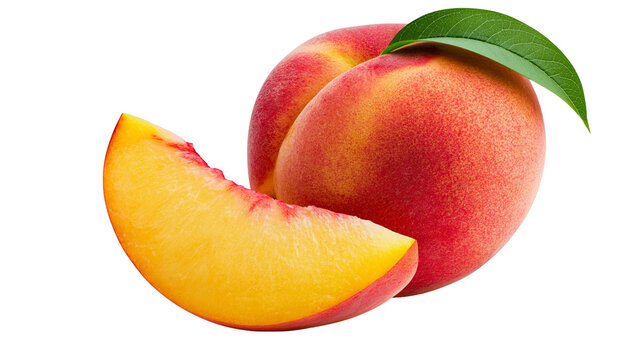 Whole and sliced ripe peaches with leaf