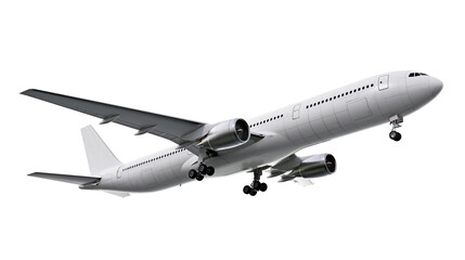 White commercial airplane with landing gear down in flight © Michal