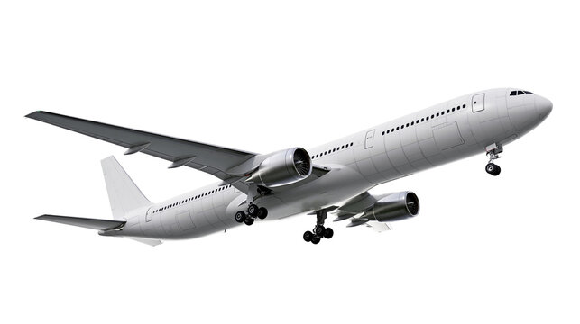 White commercial airplane with landing gear down in flight