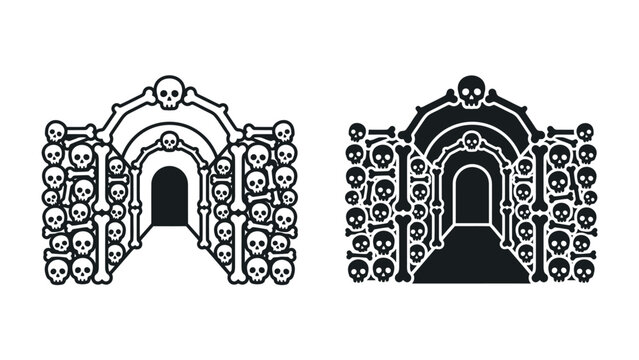 Osseous Archway and Corridor: A striking illustration of an archway and corridor constructed entirely from human bones and skulls, creating an eerie and macabre entrance.