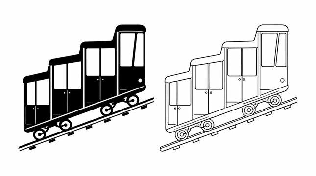 Funicular railway icon set, stylized cable car on steep track
