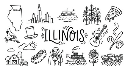 Obraz premium Illinois doodles illustration featuring landmarks, food, and culture representing Chicago’s skyline, Route 66, and Midwestern heritage