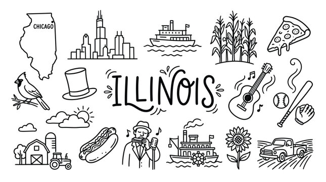 Illinois doodles illustration featuring landmarks, food, and culture representing Chicago&rsquo;s skyline, Route 66, and Midwestern heritage