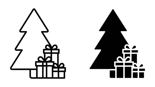 Christmas Tree and Gifts: Two stylized Christmas trees, one outlined and one solid black, stand beside a stack of wrapped gift boxes, representing holiday cheer and festive giving.