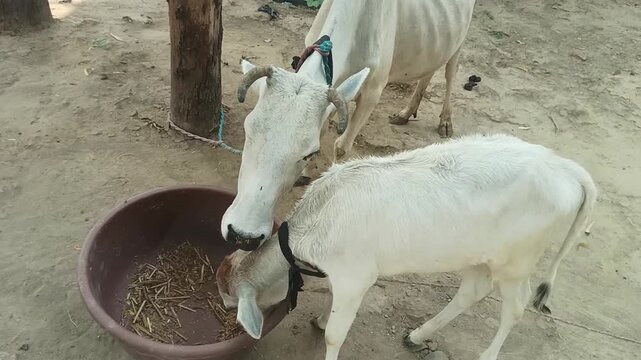  A white Indian Zebu mother cow and her calf eating dry fodder together from a brown plastic bowl on a rural farm in India. The animals are tied near a wooden post on a muddy ground. This video shows 