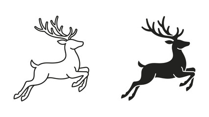 Jumping Deer Silhouette: A striking black and white illustration depicts a majestic deer in mid-leap, showcasing its powerful build and impressive antlers. © mass