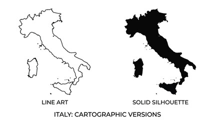 Italy cartographic versions illustration comparing line art outline and solid silhouette maps representing geographic design and visual contrast © Ali