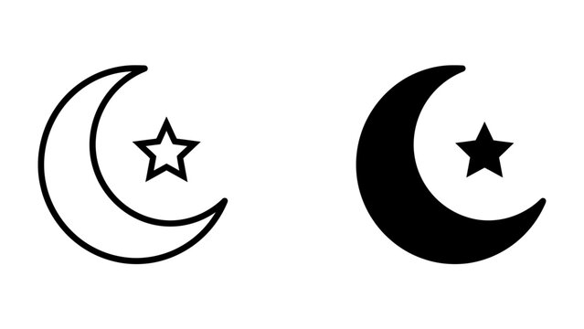 Crescent Moon and Star Icon: A minimalist graphic featuring a crescent moon alongside a star, presented in both outline and solid black versions, symbolizing celestial bodies or religious affiliation.