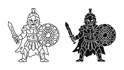 Ancient Warrior Illustration: A powerful ancient warrior, depicted in both outline and silhouette, stands ready for battle, wielding a sword and a shield adorned with skull motifs. © Sara