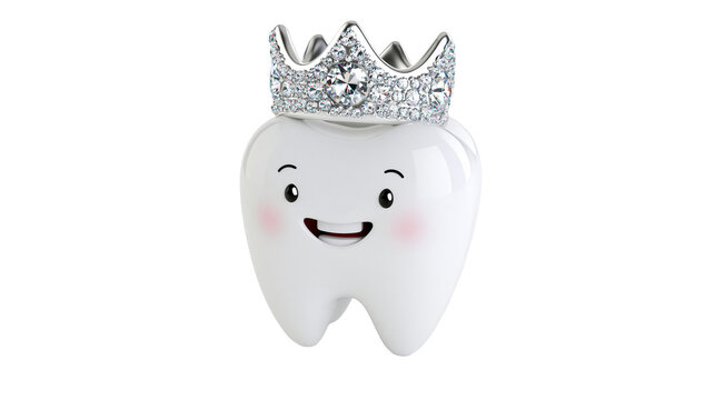 Smiling tooth character wearing a diamond crown
