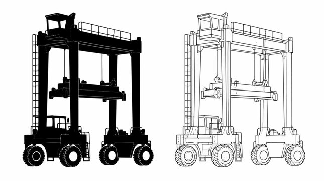 Straddle Carrier silhouette and line art illustration, industrial logistics