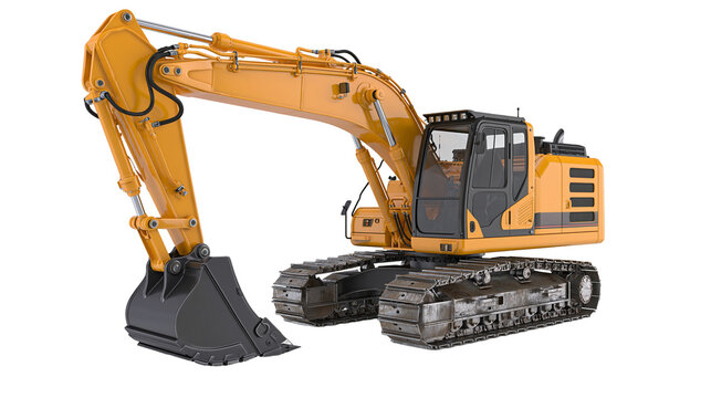 Yellow excavator with black cabin and bucket on tracks