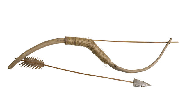 Wooden bow and arrow with metal arrowhead