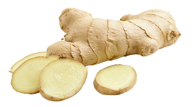 Whole ginger root with slices showing pale yellow flesh