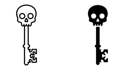 Skull Key Icon: A macabre yet striking icon featuring a skull atop a vintage key, presented in both outlined and solid black variations, symbolizing mystery, secrets, or danger. © qwe