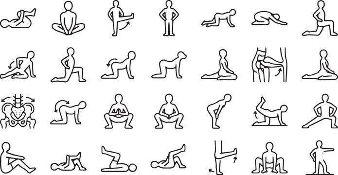 Pelvic floor exercises and hip flexibility stretching line icons set. Kegel workouts, lower back pain relief, and yoga poses linear vector symbols