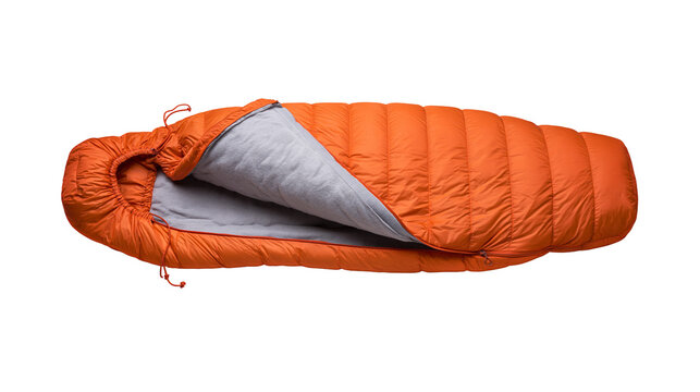Orange sleeping bag with gray lining, unzipped and open