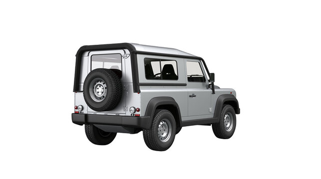 Silver two-door off-road vehicle with spare tire on back