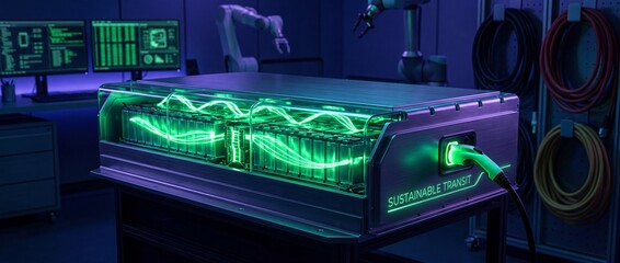 Large sustainable battery unit being charged in modern laboratory with robotic arms in background for green energy vehicle systems