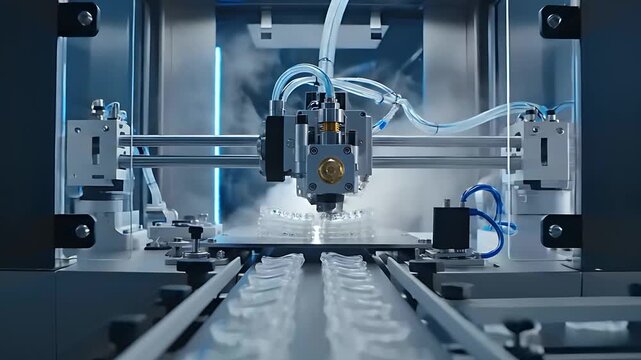 Industrial 3D printer manufacturing clear dental aligners. High-tech automated machinery crafting orthodontic braces with additive technology. Dental innovation concept for medical marketing.