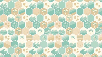 Seamless hexagonal pattern with tropical beach and summer elements