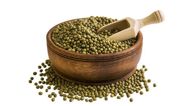 Wooden bowl filled with green mung beans and scoop