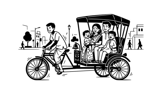 Family riding cycle rickshaw silhouette black and white iconic vector illustration