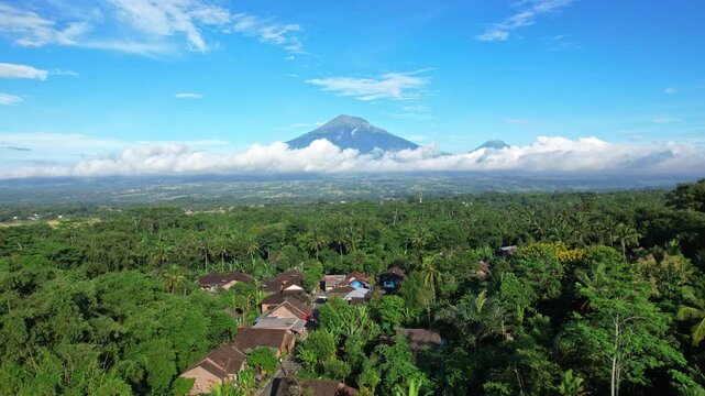 Aerial drone footage of Sumbing volcano mountain,with clouds at the bottom, in Magelang area, Java island, Indonesia, from a village area, with many vegetations and forests, local houses