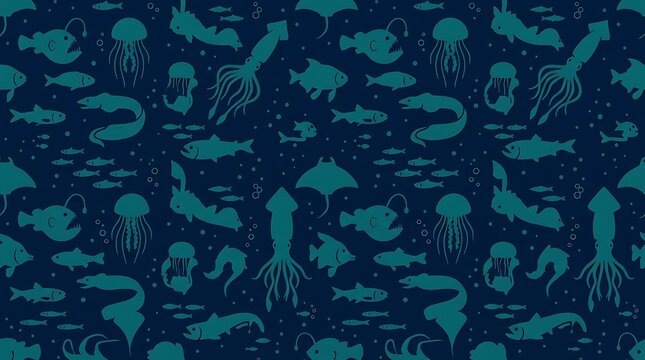 Deep sea marine life silhouettes seamless pattern