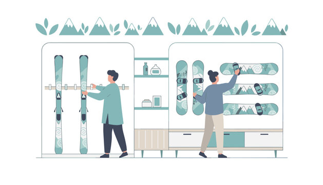 Customers exploring winter sports equipment like skis and snowboards in a modern shop decorated with mountain silhouettes on the walls.