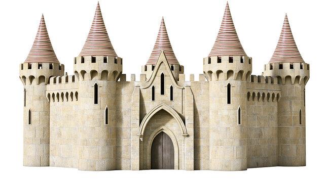 Stone castle with five conical towers and arched entrance