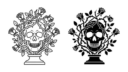 Gothic Symbiosis: A striking artistic depiction of a human skull intertwined with thorny rose branches and blooming flowers, presented in both line art and solid silhouette forms. © Sara
