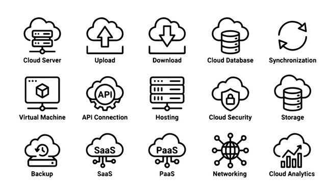 Cloud computing icons set, 15 line vector elements for data hosting and network services, professional SaaS and PaaS technology symbols for web design