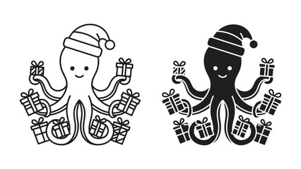 Christmas Octopus Duo: A playful octopus adorns a Santa hat and holds gift boxes in each arm, depicted in both black and white outline and solid silhouette. © Sara