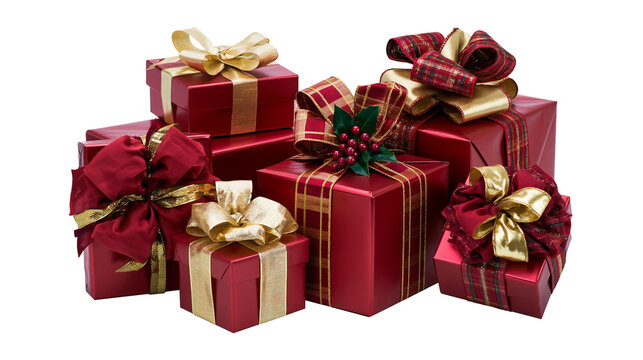 Stack of Red Gift Boxes with Gold and Plaid Ribbons