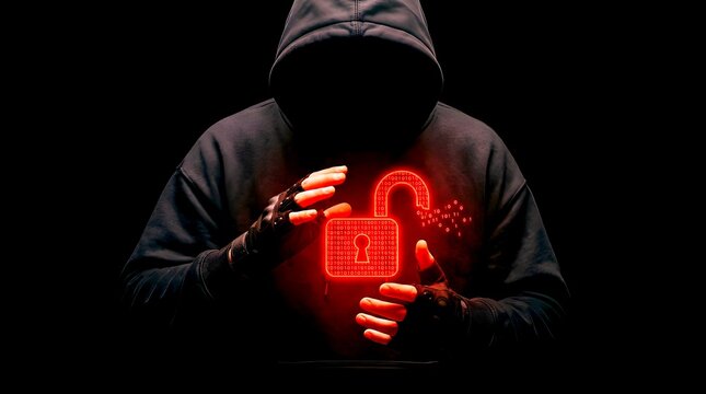 A faceless hacker in a dark hoodie holding a glowing red open padlock hologram with binary numbers on a black background, representing cyber security breach and data privacy.
