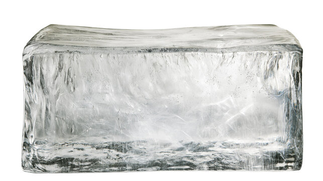 Clear ice block with rough texture and internal bubbles
