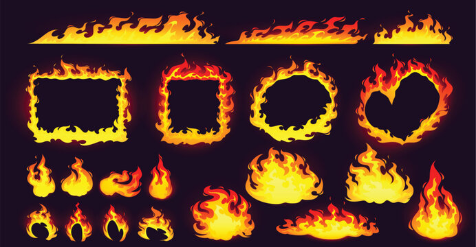 Fire flames elements set with burning frames bonfires and blaze borders vector